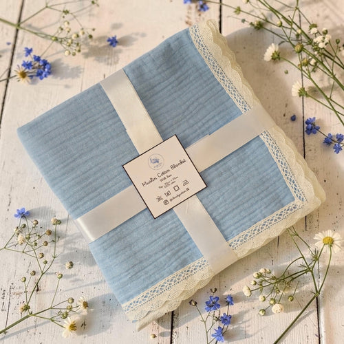 Premium Muslin Cotton Blanket - Baby Blue (95 x 95 cm)