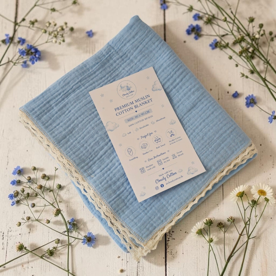 Premium Muslin Cotton Blanket - Baby Blue (95 x 95 cm)