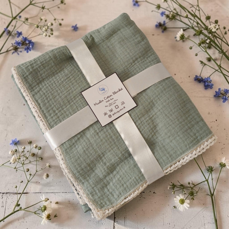 Premium Muslin Cotton Blanket - Sage Green (95 x 95 cm)