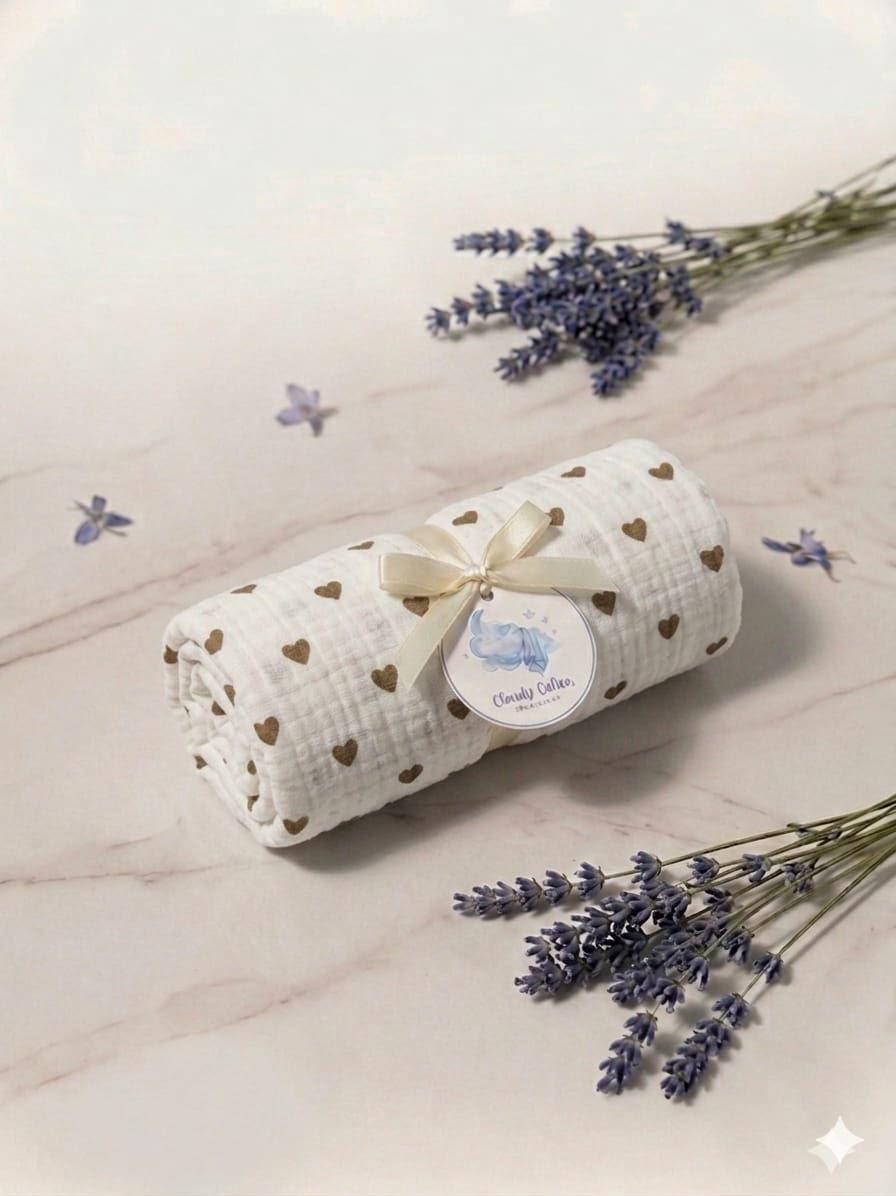 Premium Muslin Cotton Towel & Swaddle - Brown Heart (90 x 70 cm)