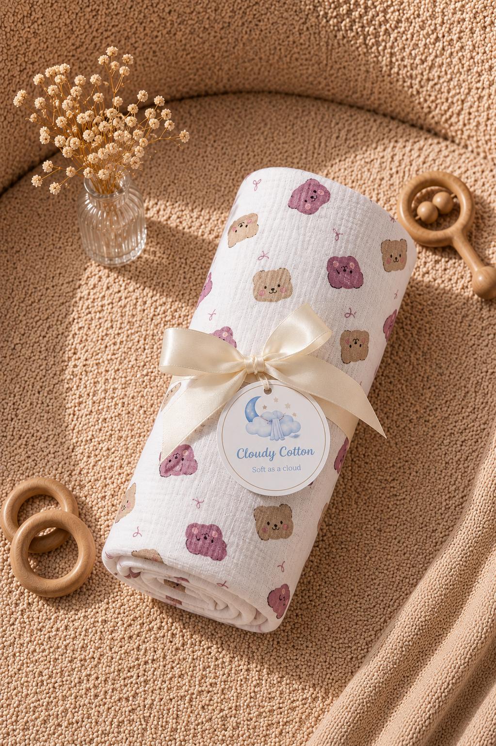 Premium Muslin Cotton Towel & Swaddle - Colorful Bear (90 x 70 cm)