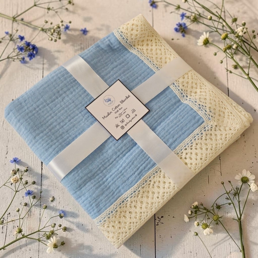 Premium Muslin Cotton Blanket - Baby Blue (95 x 95 cm)