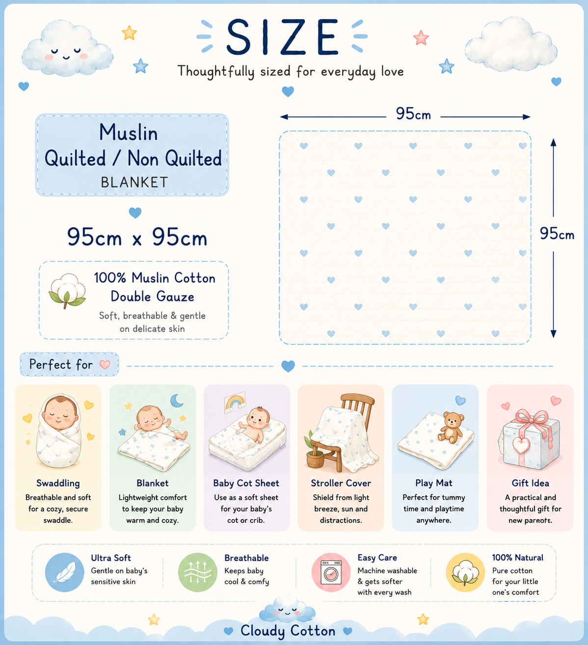 Premium Muslin Cotton Quilted/Non Quilted Blanket - Black Heart (95 x 95 cm)